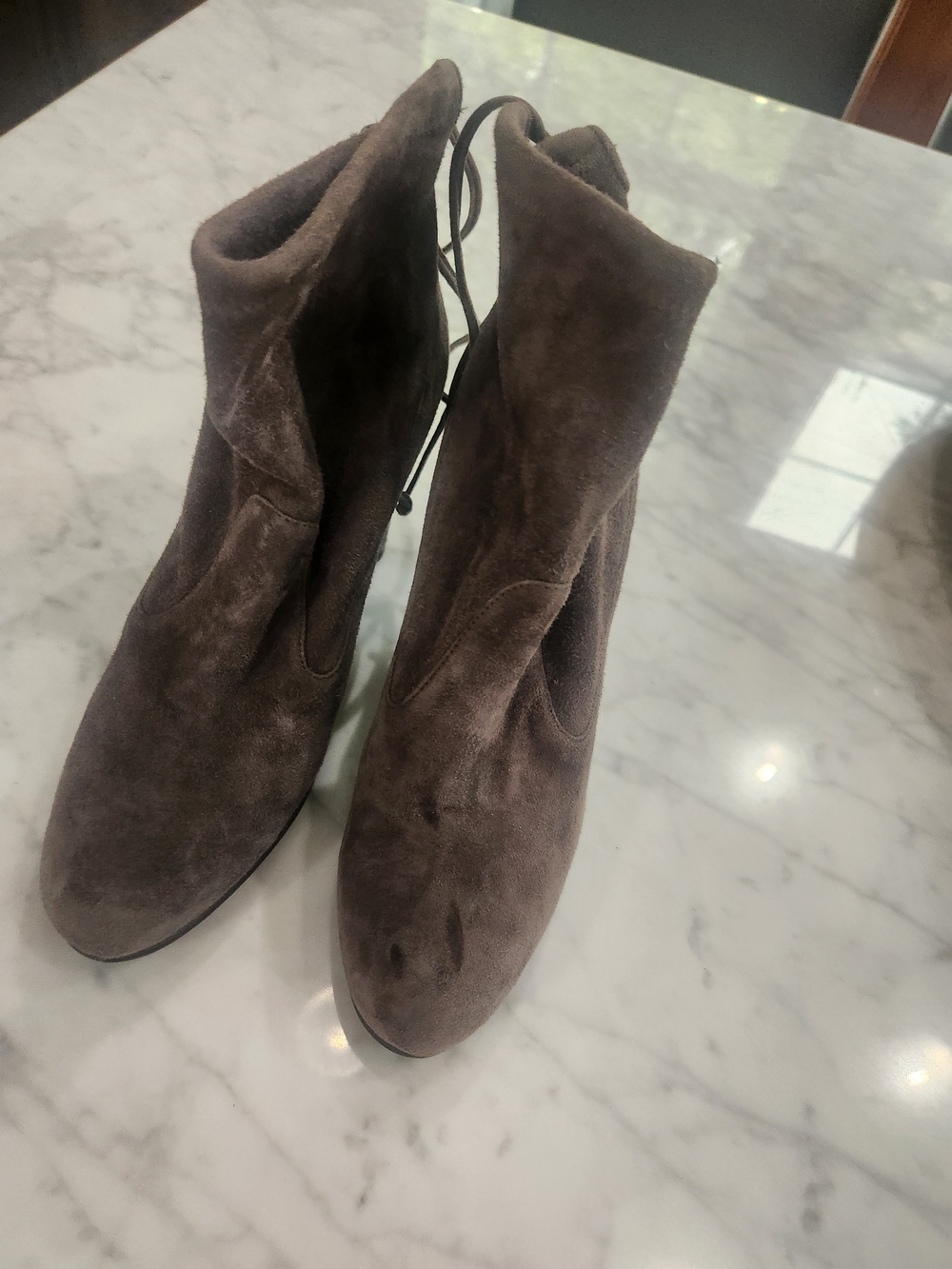 Stuart Weitzman Medium Gray Suede Ankle Boots with Back Ties, Slip On. Good Cond